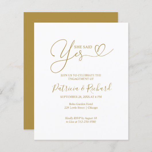 Budget Sie sagte Ja Engagement Party Ankündigung (Vorne/Hinten)