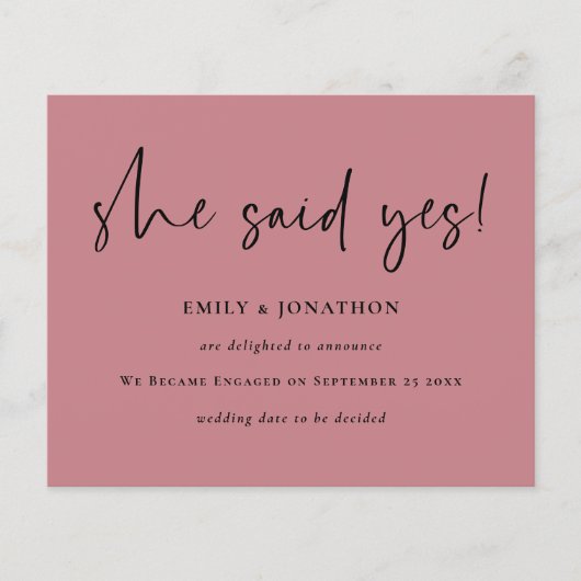 Budget Sie sagte ja Pink Verlobung Ankündigung (Vorderseite)