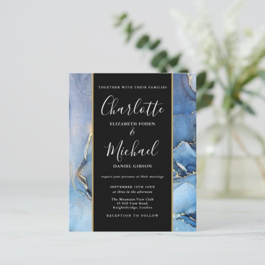 Budget Signature Script Blue Agate Wedding Einladu (Stehend Vorderseite)