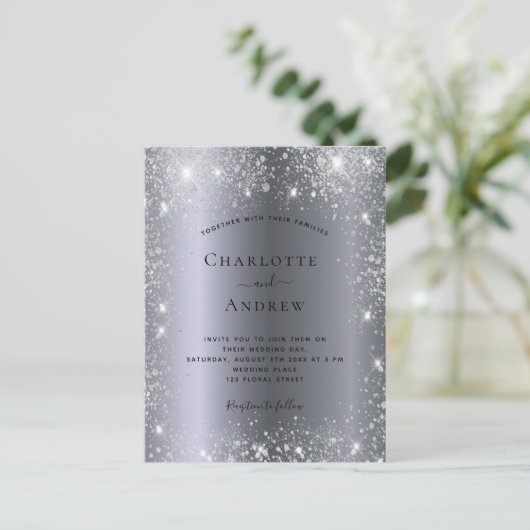 Budget silber Glitzer Metall Hochzeit Einladungspostkarte (Stehend Vorderseite)
