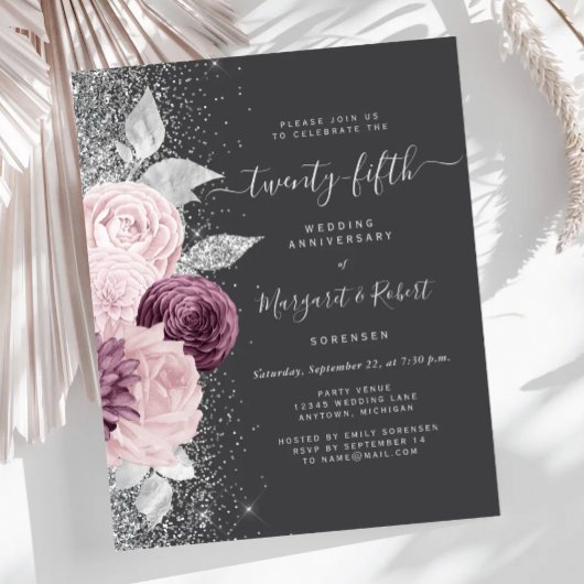 Budget Silber Mauve Blumen Grau 25. Jubiläum