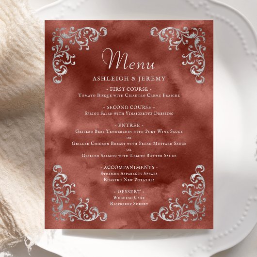Budget Silber-Zimt-Rost Vintage-Hochzeitsmenü