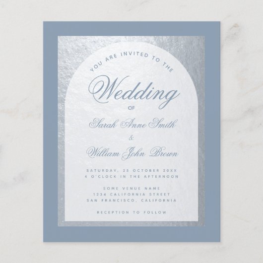Budget Silver Arch Dusty Blue Wedding Einladung (Vorderseite)