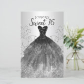 Budget Silver Black Dress Sweet 16 Einladung (Stehend Vorderseite)