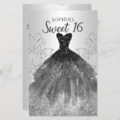 Budget Silver Black Dress Sweet 16 Einladung (Vorne/Hinten)