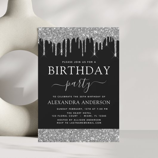 Budget Silver Black Glitzer jedes Alter Geburtstag Flyer