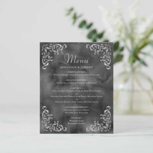 Budget Silver Black Vintage Wedding Menü (Stehend Vorderseite)
