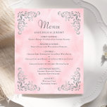 Budget Silver Blush Pink Vintage Wedding Menü<br><div class="desc">Dieses elegante,  Vintag inspiriert Hochzeitsmenü enthält den Text in grauem Drehbuch und Serif-Schriftart,  gerahmt von einem Vintagen Silberfolienmotiv in vier Ecken auf einem blindrosa Aquarell. Der Rahmen und der Aquarellhintergrund werden auf der Rückseite wiederholt.</div>
