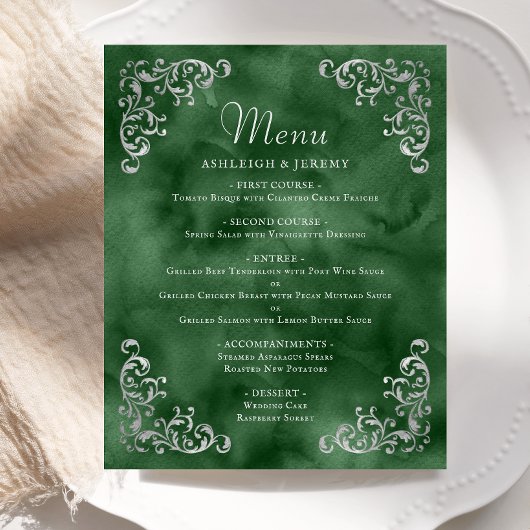 Budget Silver Emerald Green Vintage Wedding Menü