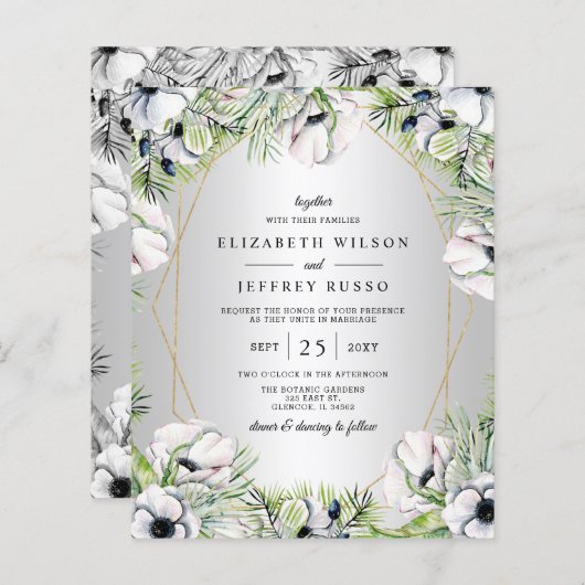 Budget Silver Floral Geometric Wedding Einladung (Vorne/Hinten)