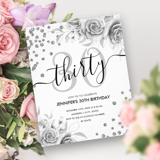 Budget Silver Floral Glitzer 30. Geburtstag Flyer