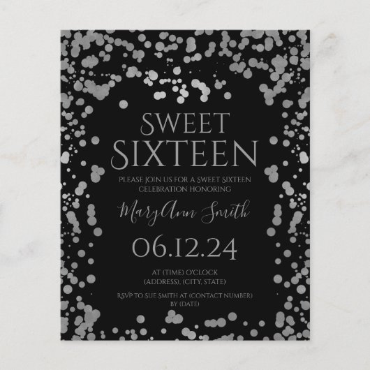 Budget Silver Foil Confetti Sweet 16 Einladen Schw Flyer (Vorne)