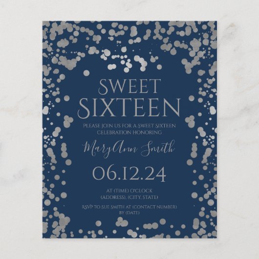Budget Silver Foil Confetti Sweet 16. Invite Navy Flyer (Vorne)