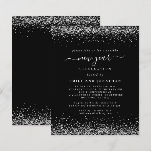 Budget Silver Gilitter Black New Year Party Invit (Vorne/Hinten)
