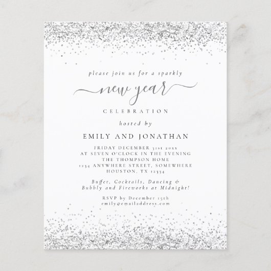Budget Silver Gilitter White New year Party Invit (Vorderseite)