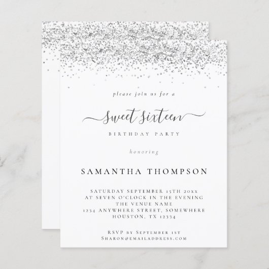Budget Silver Glitzer 16 . Geburtstag Einladung (Vorne/Hinten)