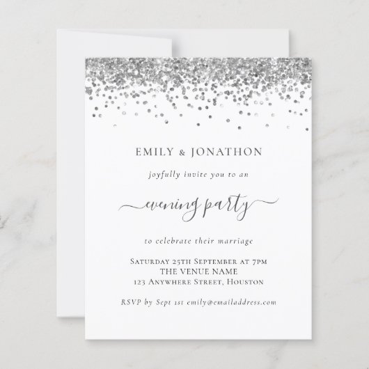 Budget Silver Glitzer Abend Hochzeit Einladung (Vorderseite)