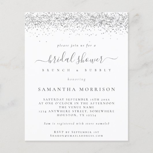 Budget Silver Glitzer Bridal Dusche Einladung (Vorderseite)