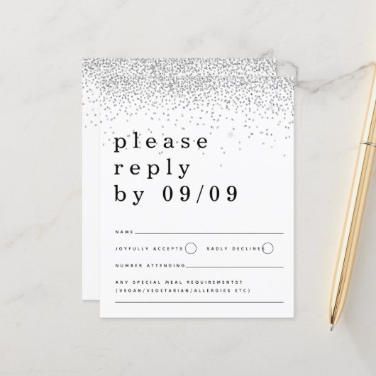 Budget Silver Glitzer Confetti Wedding RSVP (Vorderseite/Rückseite Beispiel)