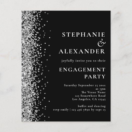 Budget Silver Glitzer Engagement Party Black Invit (Vorderseite)