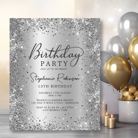 Budget Silver Glitzer Foil 13. Geburtstag Einladun