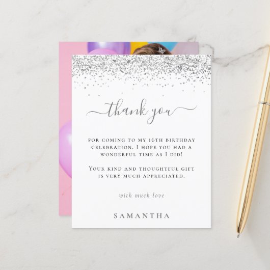 Budget Silver Glitzer Foto Sweet 16 Vielen Dank (Vorderseite/Rückseite Beispiel)