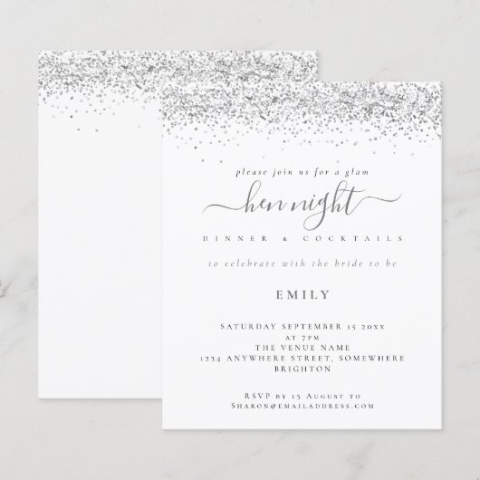 Budget Silver Glitzer Hen Night Einladung (Vorne/Hinten)