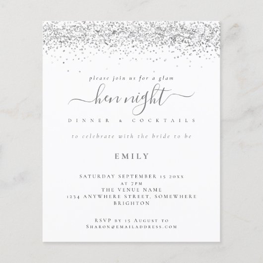 Budget Silver Glitzer Hen Night Einladung (Vorderseite)