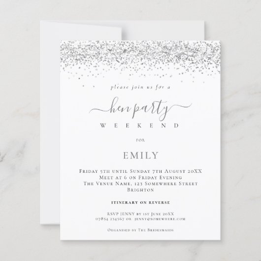 Budget Silver Glitzer Hen Weekend Einladung (Vorderseite)