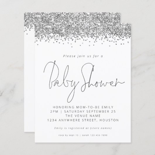 Budget Silver Glitzer Kinderdusche Einladung (Vorne/Hinten)