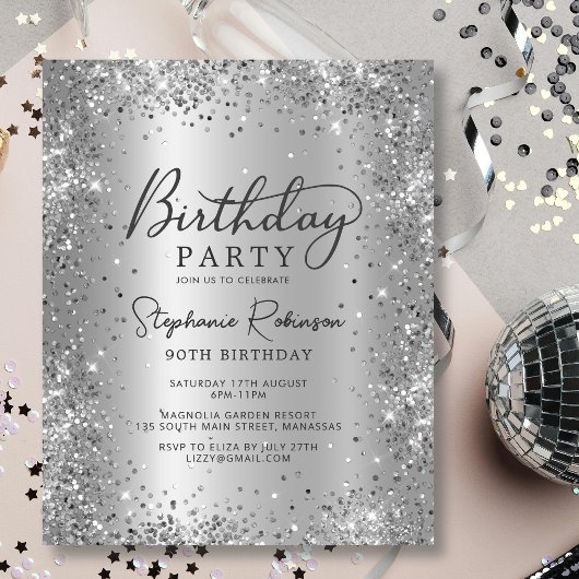 Budget Silver Glitzer Metal 90. Geburtstag Einladu