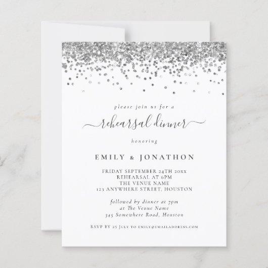 Budget Silver Glitzer Probe Abendessen Einladung (Vorderseite)