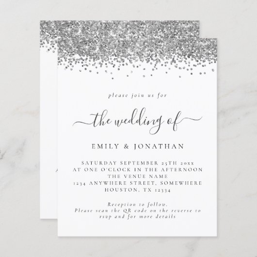 Budget Silver Glitzer QR Code Einladung Hochzeitsf (Vorne/Hinten)