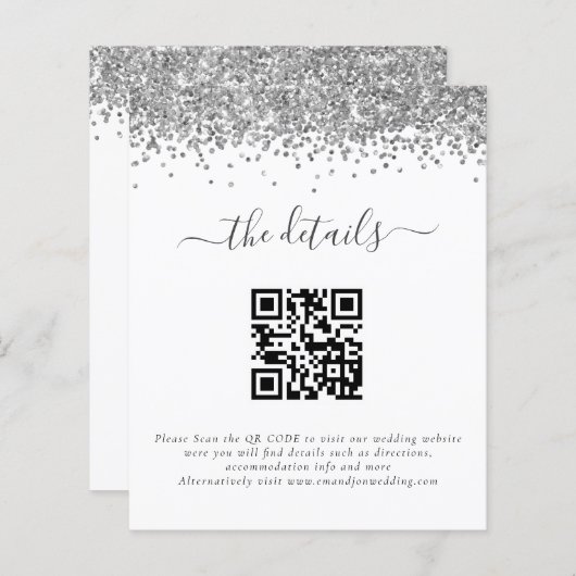 Budget Silver Glitzer QR Code Hochzeitsdetails (Vorne/Hinten)