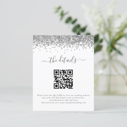 Budget Silver Glitzer QR Code Hochzeitsdetails (Stehend Vorderseite)