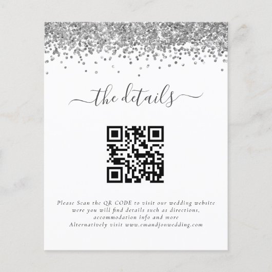Budget Silver Glitzer QR Code Hochzeitsdetails (Vorderseite)