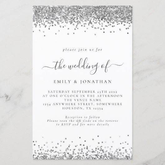 Budget Silver Glitzer QR Code Wedding Einladung (Vorderseite)