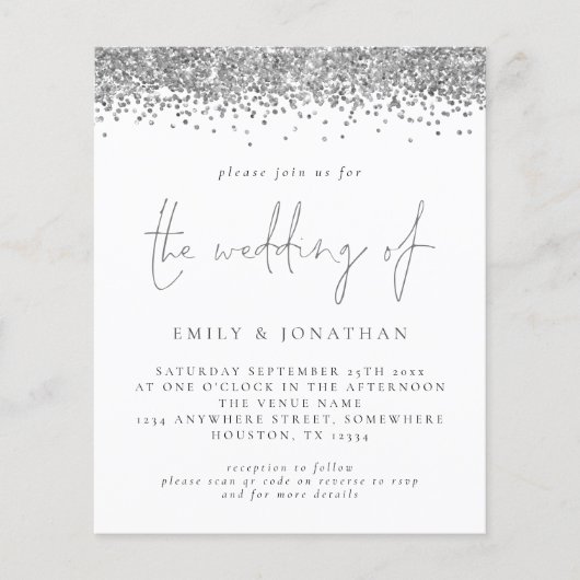 Budget Silver Glitzer QR Code Wedding Einladung (Vorderseite)