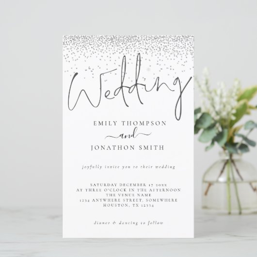 Budget Silver Glitzer Script Wedding Einladung (Stehend Vorderseite)