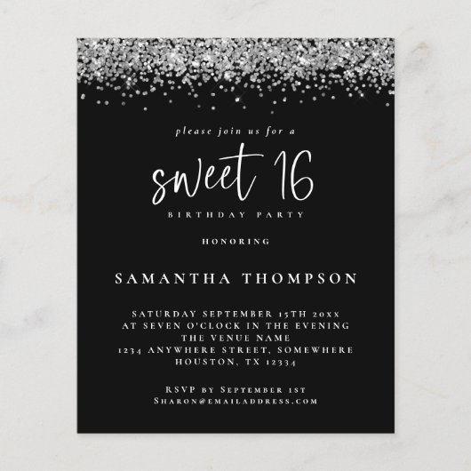 Budget Silver Glitzer Sweet 16 Black Einladung (Vorderseite)