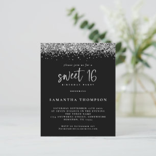 Budget Silver Glitzer Sweet 16 Black Einladung