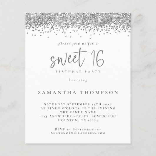 Budget Silver Glitzer Sweet 16 Einladung (Vorderseite)