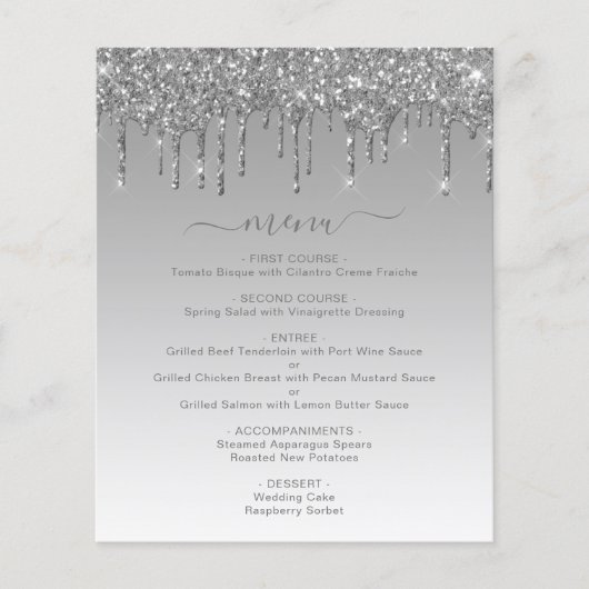 Budget Silver Glitzer Tropfen Wedding Menu (Vorderseite)