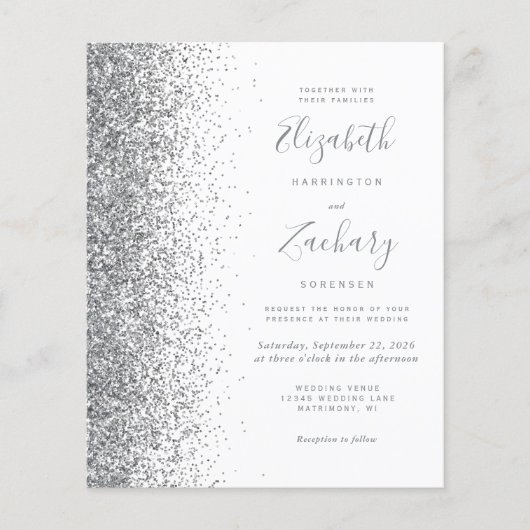Budget Silver Glitzer White Wedding Einladung (Vorderseite)