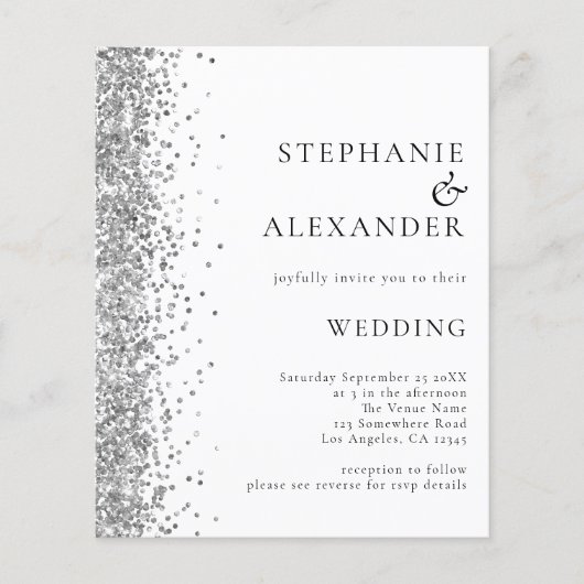 Budget Silver Glitzer White Wedding Einladung (Vorderseite)