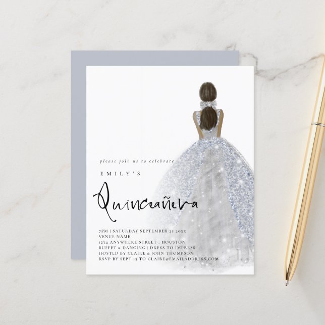 Budget Silver Gown Dunkle Haare QR Quinceañera (Vorderseite/Rückseite Beispiel)