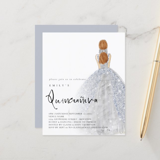 Budget Silver Gown Light Brown Hair QR Quinceañera (Vorderseite/Rückseite Beispiel)