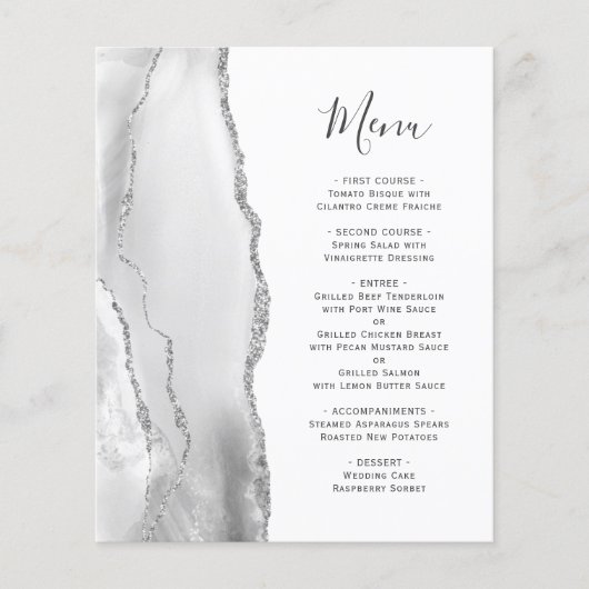 Budget Silver Gray Agate White Wedding Menü (Vorderseite)
