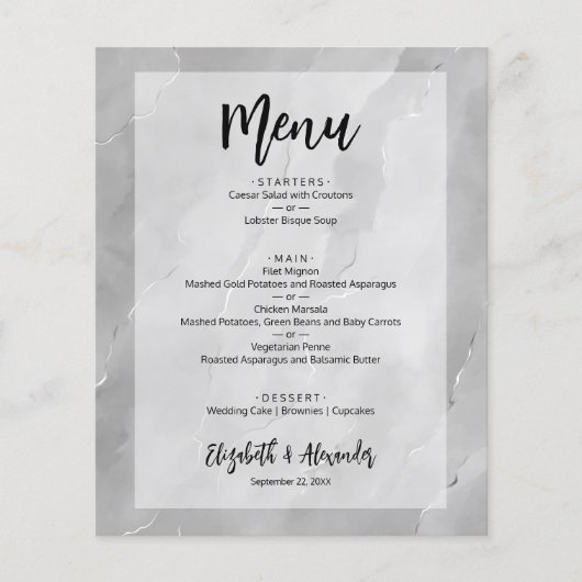 Budget Silver Gray Marble Wedding Menu Flyer (Vorne)