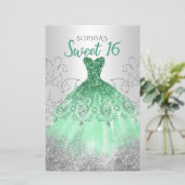 Budget Silver Green Dress Sweet 16 Einladung (Stehend Vorderseite)